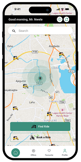 Keke app — map with Find Ride and Book a Ride
