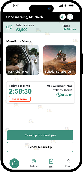 Keke driver app — Today's Income, challenges, schedule